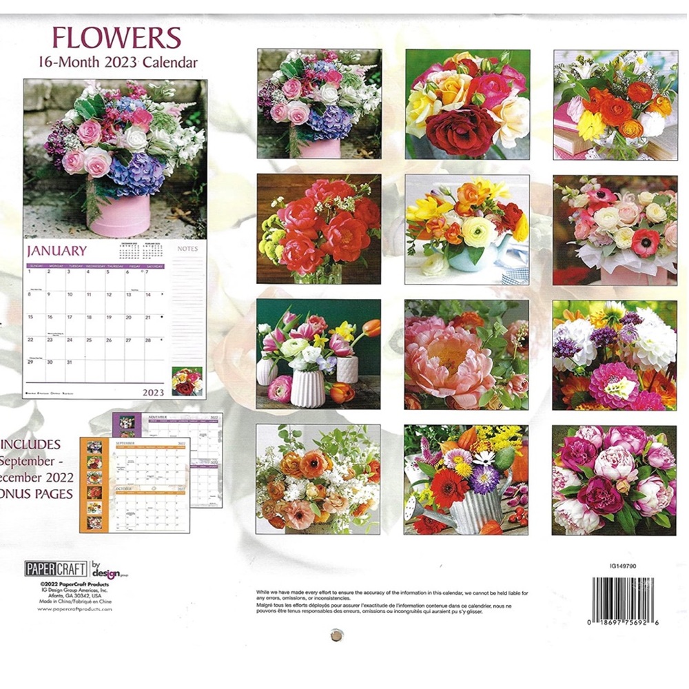 Calendar 2023 Flower Bouquets 16 Month Wall Calendar Gift 12 X 22 inches - Picture 5 of 9